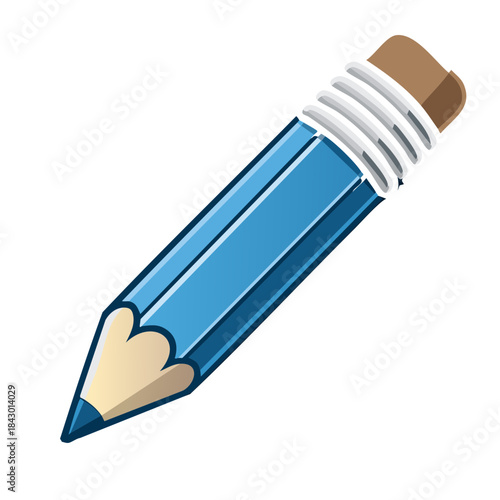 Illustration of a blue pencil with eraser for writing drawing sketching vector graphic design and art projects on a white background