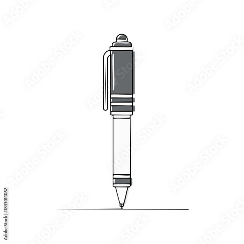 Close up of a pen with the cap on standing on its nib drawing a gray line on a white background for writing and sketching