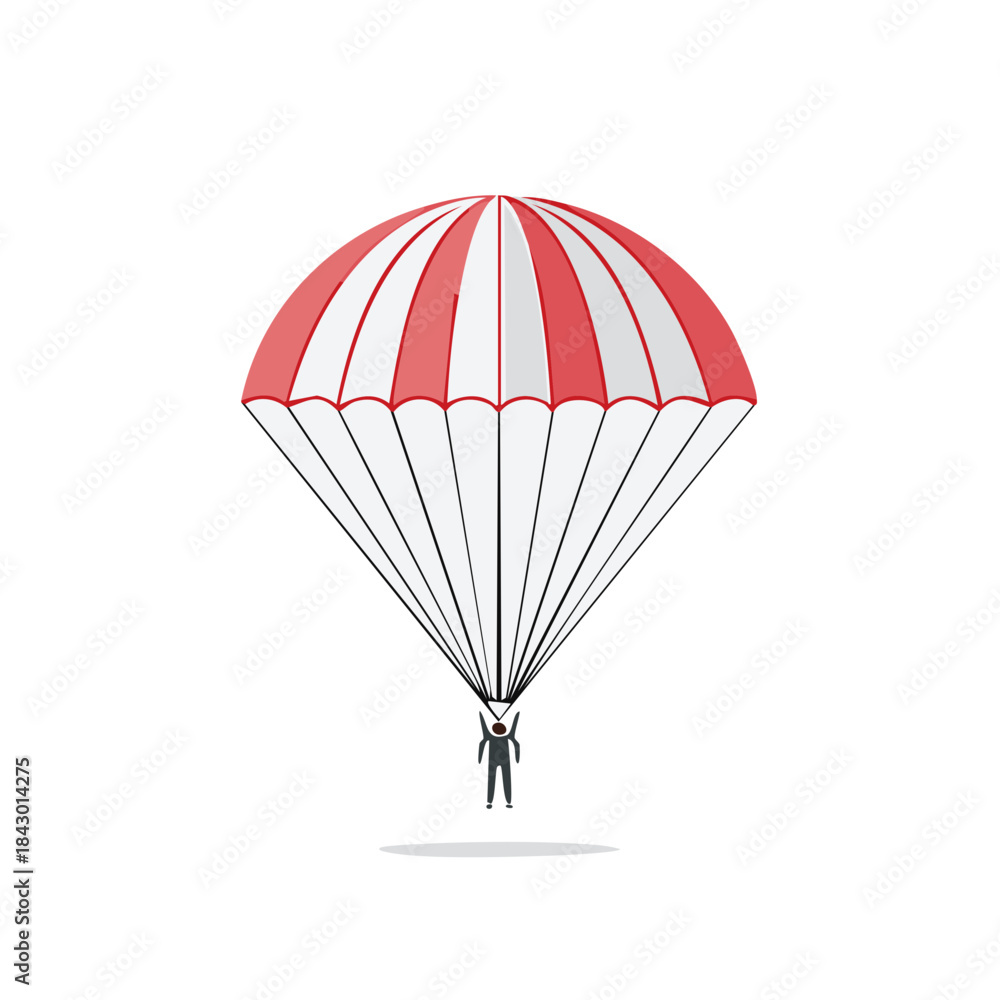 Obraz premium Parachute Descent with Small Silhouette Figure Floating from Above in Minimalistic Style, Red and White Canopy Design, Skydiving Activity