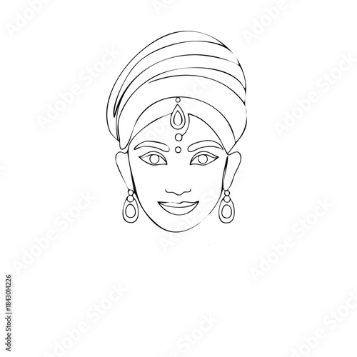 Line art of a woman wearing a turban and jewelry. Drawing of a female face adorned with traditional Indian headwear and dangling earrings.