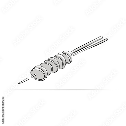 Monochrome Illustration of a Skewer with Grilled Sliced Meatball Style Food on Stick, Delicious Dish, Line Art Cooking Design