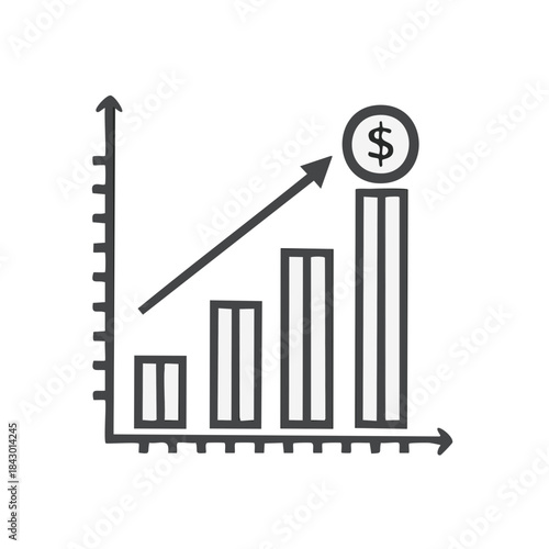 Rising bar graph displaying positive financial growth with dollar coin signifying increased revenue success and market performance improvement