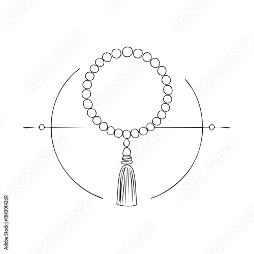 Line Art Rosary Beads Design with Tassel in Circular Frame for Meditation