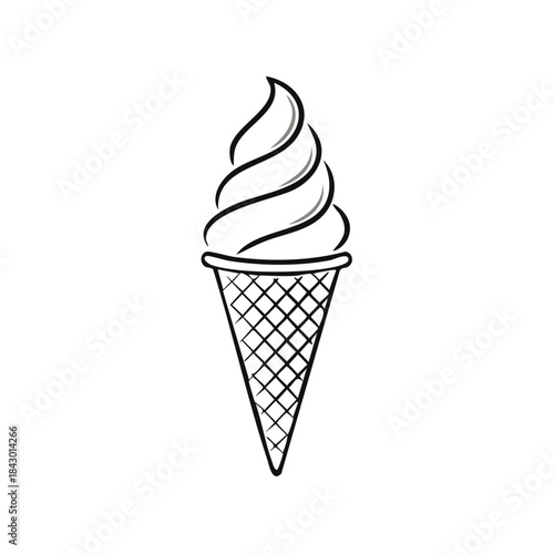 Doodle style ice cream cone illustration with swirl soft serve, simple summer treat in a waffle cone sketch for dessert shop menu