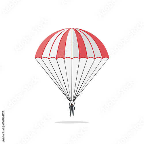 Parachute Descent with Small Silhouette Figure Floating from Above in Minimalistic Style, Red and White Canopy Design, Skydiving Activity