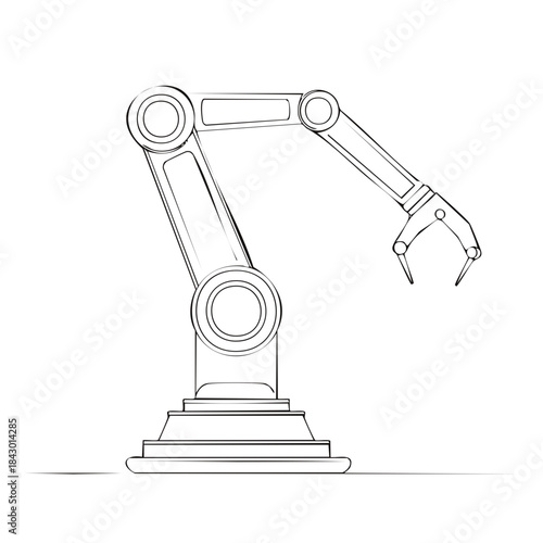 Robotic arm outline drawing on white. Modern industrial manipulator with mechanical claw for manufacturing