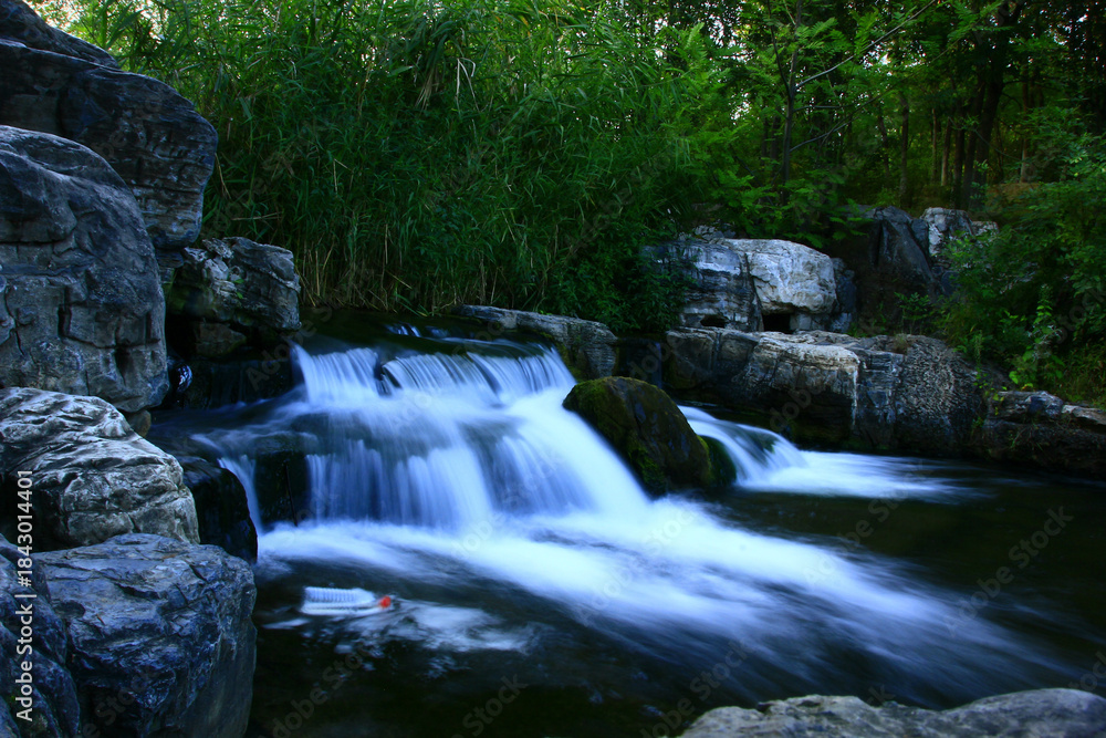 Fototapeta premium Cascading Waterfall Through Forest with Bamboo and Rocks