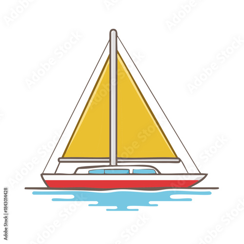Sailing yacht floats in the sea: vector illustration with yellow sail and red hull above blue ocean waves.