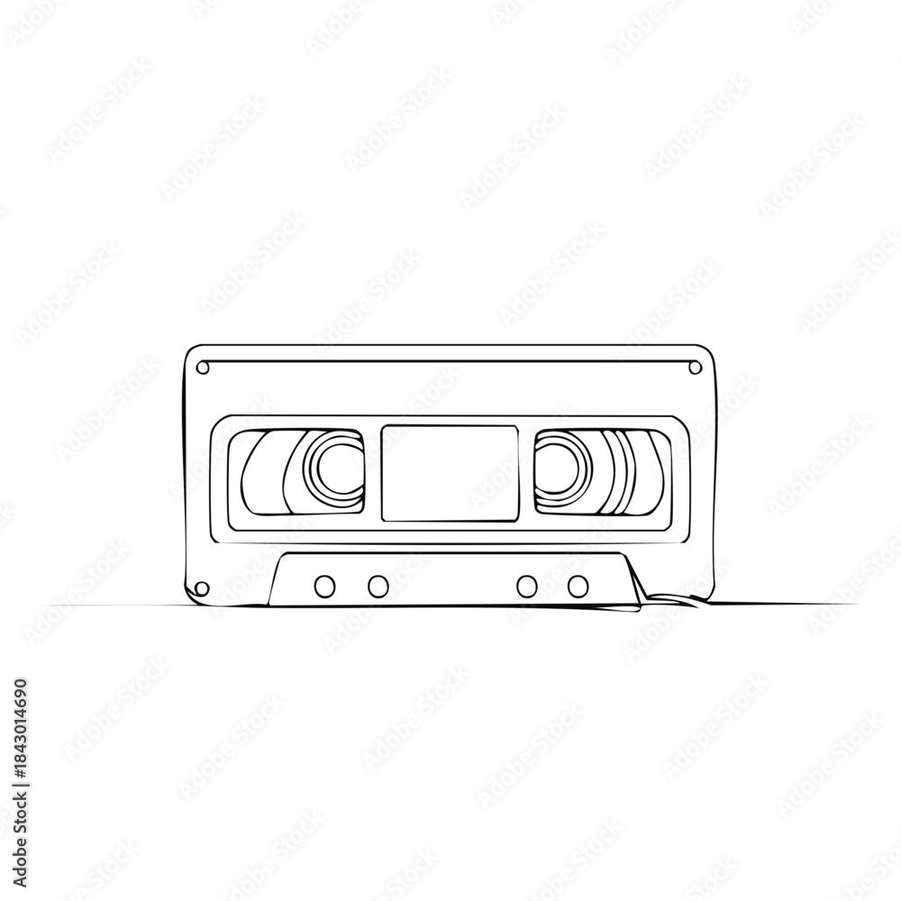 Fototapeta premium Retro audio cassette drawing. Vintage music tape vector illustration. Nostalgic entertainment concept. 80s, 90s vibe. Minimalist line art style.