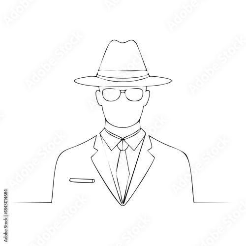 Line art of a faceless person in a hat and sunglasses, suited for mystery and intrigue