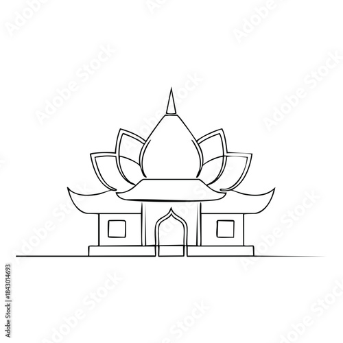 Single Line Drawing of Traditional Asian Pagoda Temple with Lotus Flower Ornament