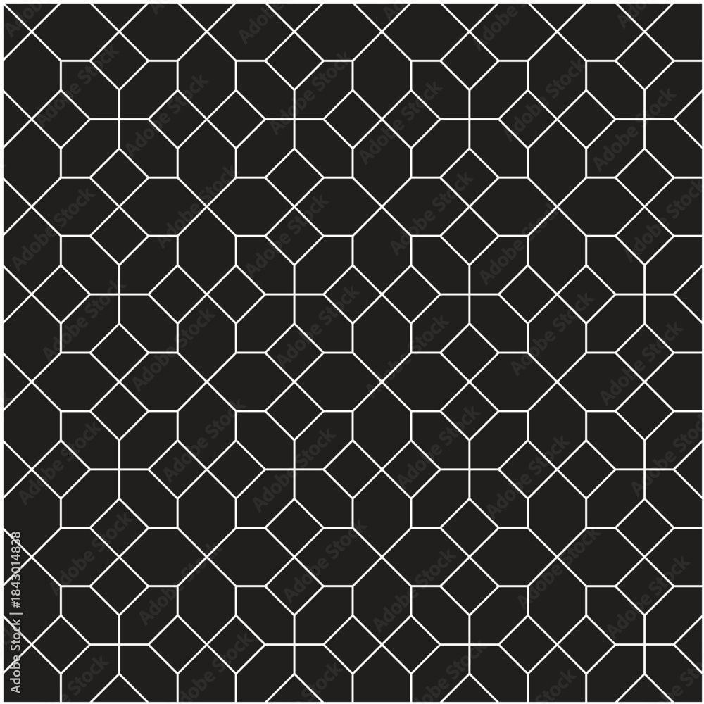 Fototapeta premium White grid pattern created from diamonds and irregular hexagons on a black background