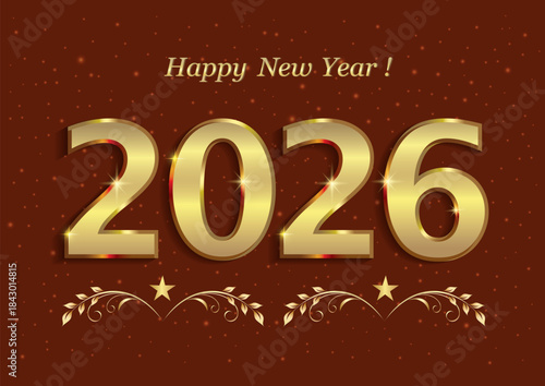 2026 Happy New Year greeting card vector illustration. Festive Christmas social media banner. Elegant golden numbers with with laurel branches on a dark red background with glitter.