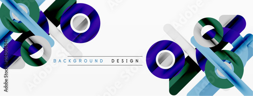 Abstract geometric shapes, blue, purple, green. Modern design elements create dynamic visual composition. Simple background.