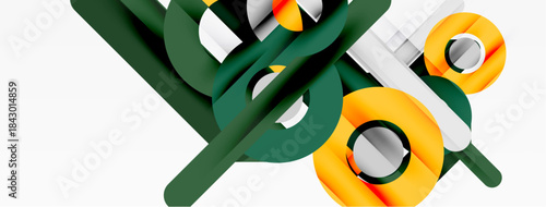 Abstract geometric shapes, green, orange, white. Minimalist composition, modern design, clean lines, dynamic arrangement.