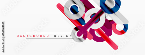 Abstract geometric shapes overlap, creating dynamic visual effect. Red, blue, gray tones dominate white background. Minimalist design elements present.