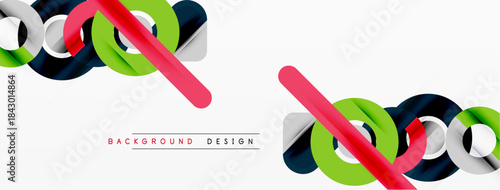 Abstract design features colorful curved lines, geometric shapes. Minimalist style, modern aesthetic, white background dominates composition.