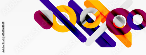 Abstract geometric shapes overlap, creating dynamic composition. Purple, orange, gray colors dominate design. Modern aesthetic.