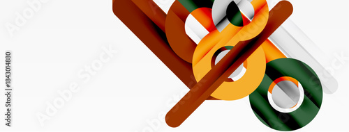 Abstract geometric shapes overlap, creating dynamic composition. Orange, green, silver tones dominate design. Minimalist style.