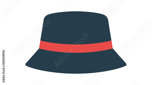 A simple illustration of a dark blue bucket hat with a vibrant red band detail