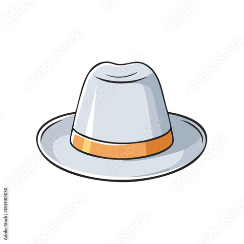 Cartoon illustration of a grey fedora hat with orange band - stylish headwear accessory for men