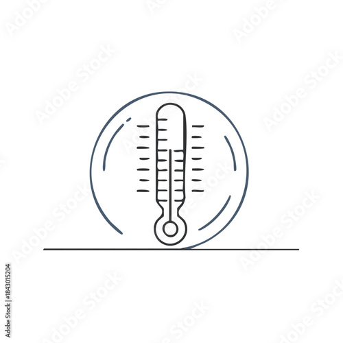 Thermometer icon in circle line drawing measuring temperature indicating health condition