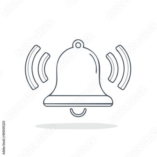 Minimalist line drawing of a ringing bell emitting sound waves, showcasing notification icon for alerting and announcing