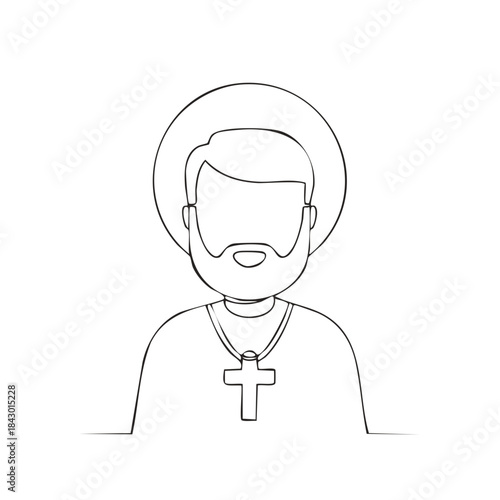 Line art drawing of a religious figure with halo and cross necklace in vector format