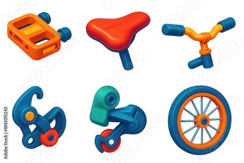 Set of bicycle parts, including a seat, pedals, and a handlebar