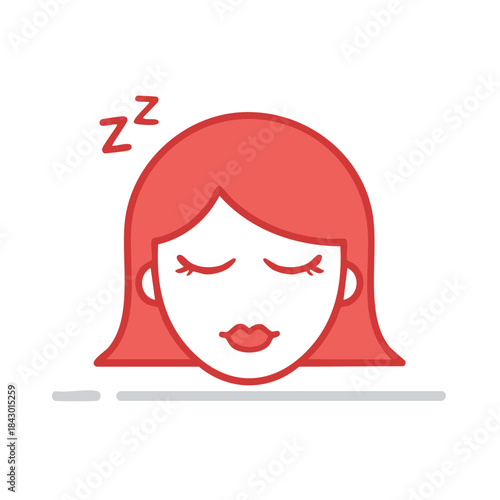 Sleeping woman icon, red outline art representing exhaustion, tiredness and sleepiness, peaceful rest, vector illustration