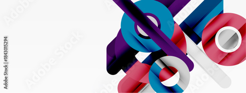 Abstract shapes intersect, creating dynamic composition. Colors include blue, red, purple, white. Modern design, clean lines, minimalist aesthetic.