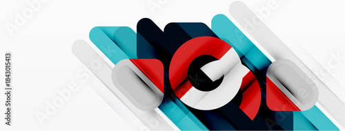 Abstract geometric design. Layered shapes create dynamic composition. Blue, red, white colors dominate visual space. Modern aesthetic.