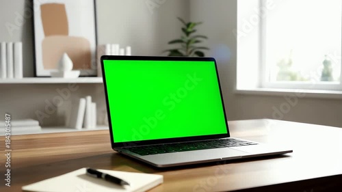 Wallpaper Mural Laptop with Green Screen Display on a Wooden Desk in a Bright Minimalist Home Office Torontodigital.ca