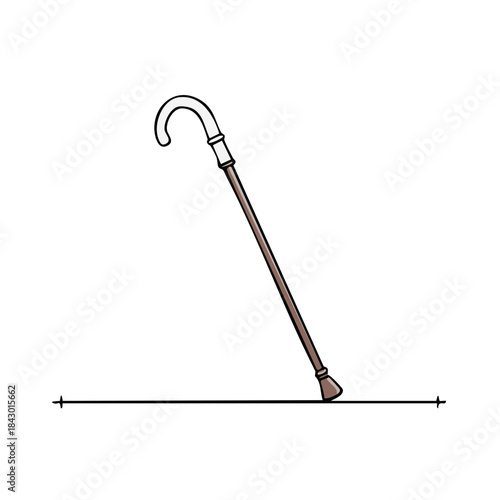 Walking stick for mobility assistance drawing simple brown wood cane isolated art medical support tool on white