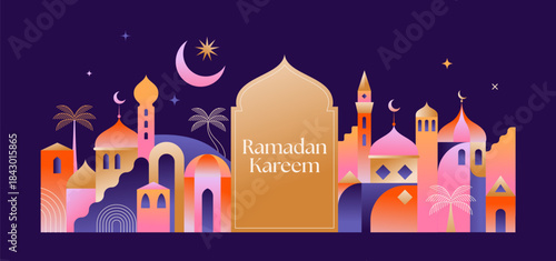 Ramadan Kareem greeting card template and wallpaper design. Modern geometric Islamic city landscape. 