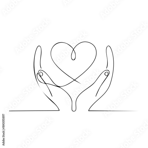 Line art illustration of two hands cupping and protecting a heart shape in simple minimalist style