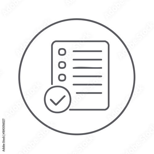 Completed checklist, document tasks and survey questionnaire in minimal linear style in circle background for web design and application interface