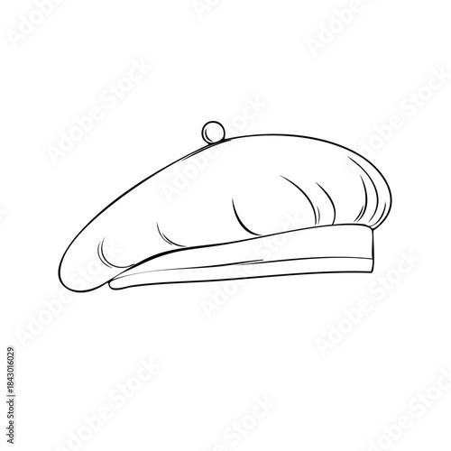 Hand Drawn Stylish Beret Hat. Parisian Chic. Simple Line Art of Fashion Accessory Illustration.