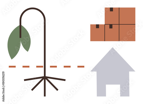 Drooping plant with roots, dashed line, stacked boxes, and house depict relocation, environmental awareness, transition, supply chain, growth home care and sustainability. Simple flat metaphor