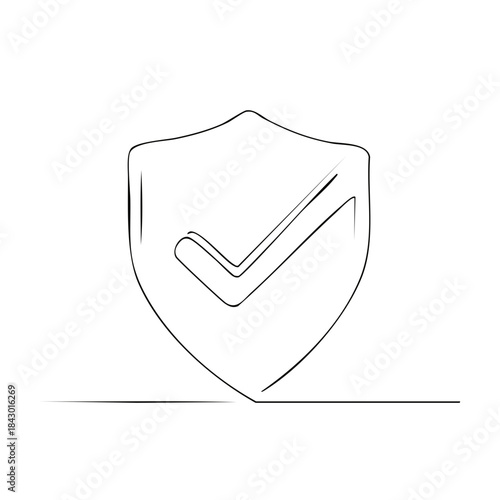 Security Shield Single Line Drawing with Checkmark, Protection Symbol, Minimalist Simple Guard Illustration