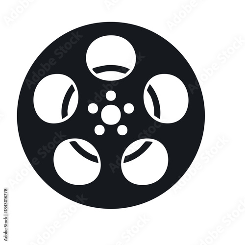 Film Reel Icon: Cinema, Movie, Media. Black & White Graphic Symbol Depicting Entertainment, Storytelling, and Filmmaking.