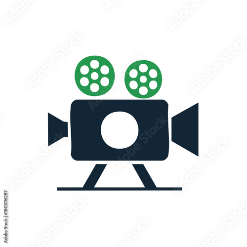 Classic movie camera icon for filmmaking and cinematic projects shows film reels and projector lenses with retro design