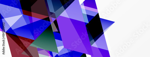 Abstract geometric shapes overlap, creating vibrant blue, purple, red tones. White space balances composition. Modern design elements present.