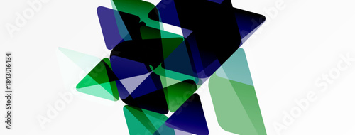 Abstract geometric shapes overlap, creating dynamic composition. Greens, blues dominate white background. Modern design element.