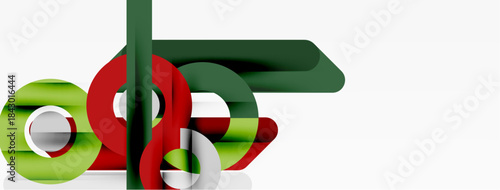 Abstract geometric shapes overlap, creating dynamic composition. Green, red, white hues dominate design. Minimalist style, clean lines present.