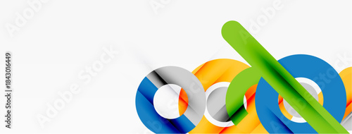 Abstract design features colorful overlapping circles, lines. Bright hues create dynamic visual effect on white background.