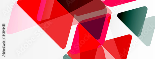 Abstract geometric shapes overlap. Red, pink, gray tones dominate white background. Modern design elements present.