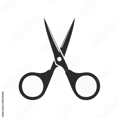 Graphic icon of opened dark grey scissors with circular handles for cutting paper or textiles on a plain light background