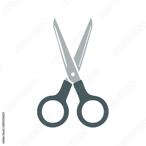 Scissors opened with grey blades and dark teal handles for cutting paper and materials