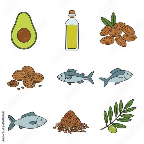 Healthy Fat Food Icons – Cartoon Avocado, Nuts, Fish, Oil & Omega-3 Sources